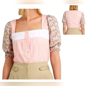 Nwt H by HALSTON Poplin Blouse Tulip Floral Ditsy Print Eyelet Square Neck